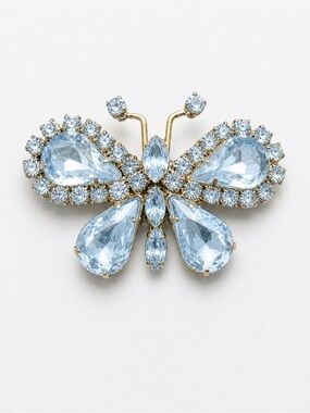 Vintage Blue Rhinestone Butterfly Brooch Silver Tone Statement Pin